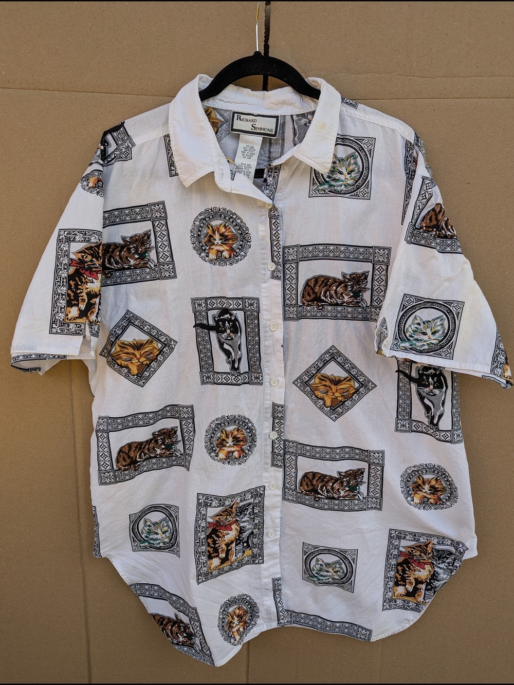 VTG Richard Simmons Cat Portrait Print Cotton Button Up Shirt Plus Size 22W